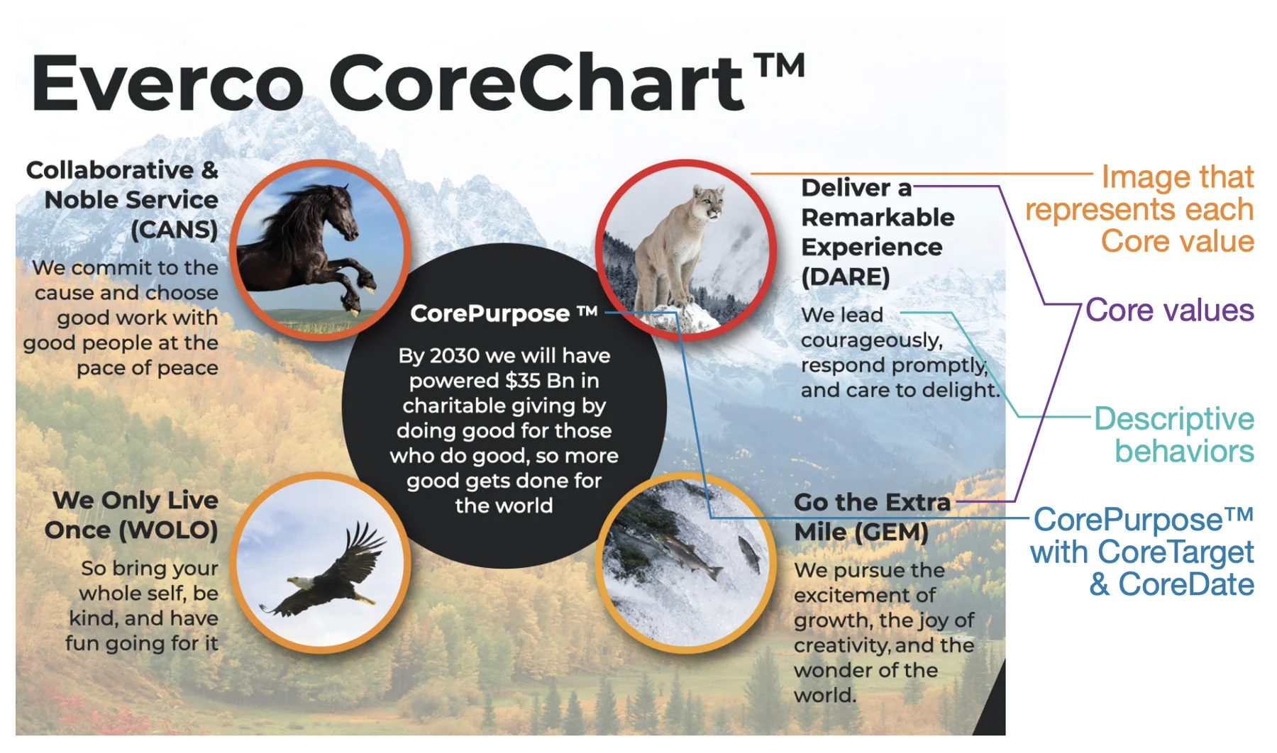 Everco CoreChart with photographs illustrating values, core purpose and a target.