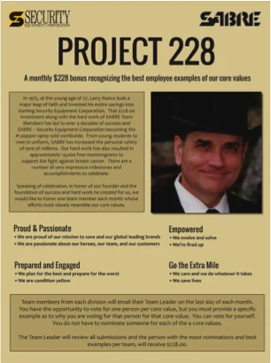 SABRE’s Project 228 employee recognition newsletter.