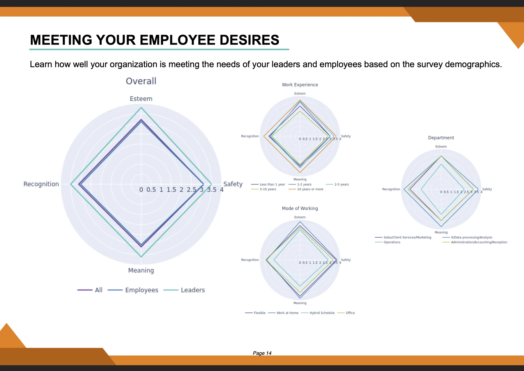 Culture report radar charts comparing employee desires across demographic groups.