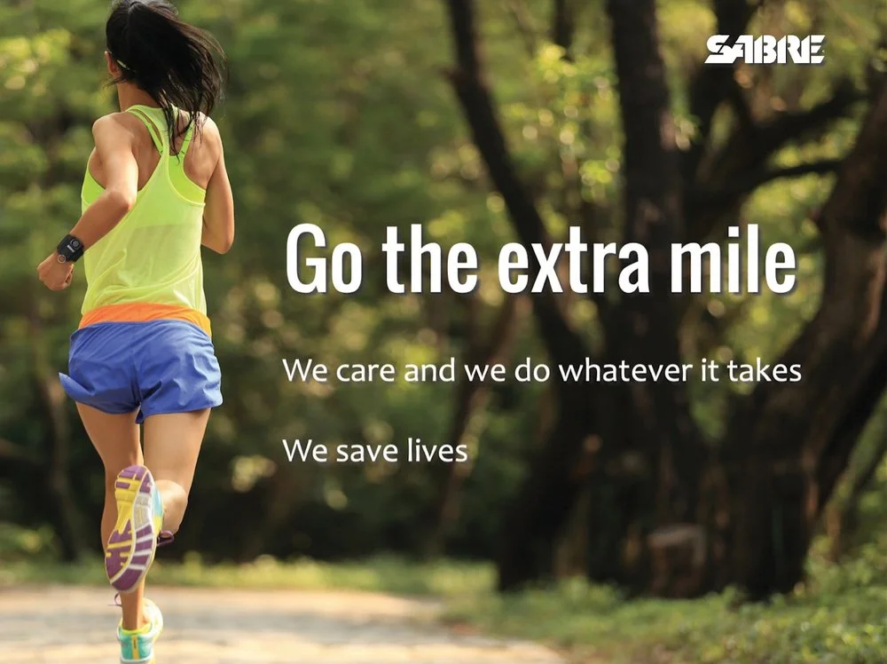 SABRE’s “Go the extra mile” core value graphic, featuring a runner.