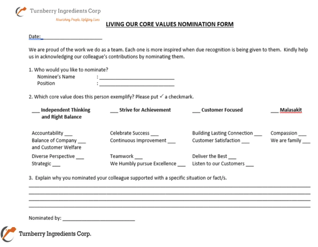 Turnberry Ingredients’ Living Our Core Values nomination form.