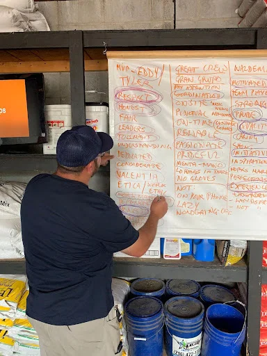 An MVP workshop participant adds ideas to a flip chart.