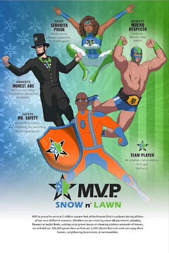 MVP Snow n Lawn’s illustrated superhero culture chart.